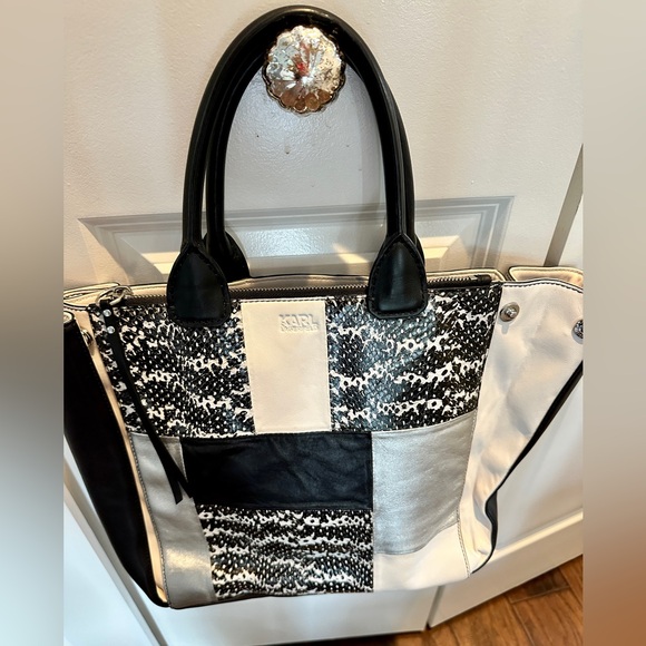 Karl Langerfeld Tote Lamb Leather Patchwork Metallic Handbag - Picture 9 of 9